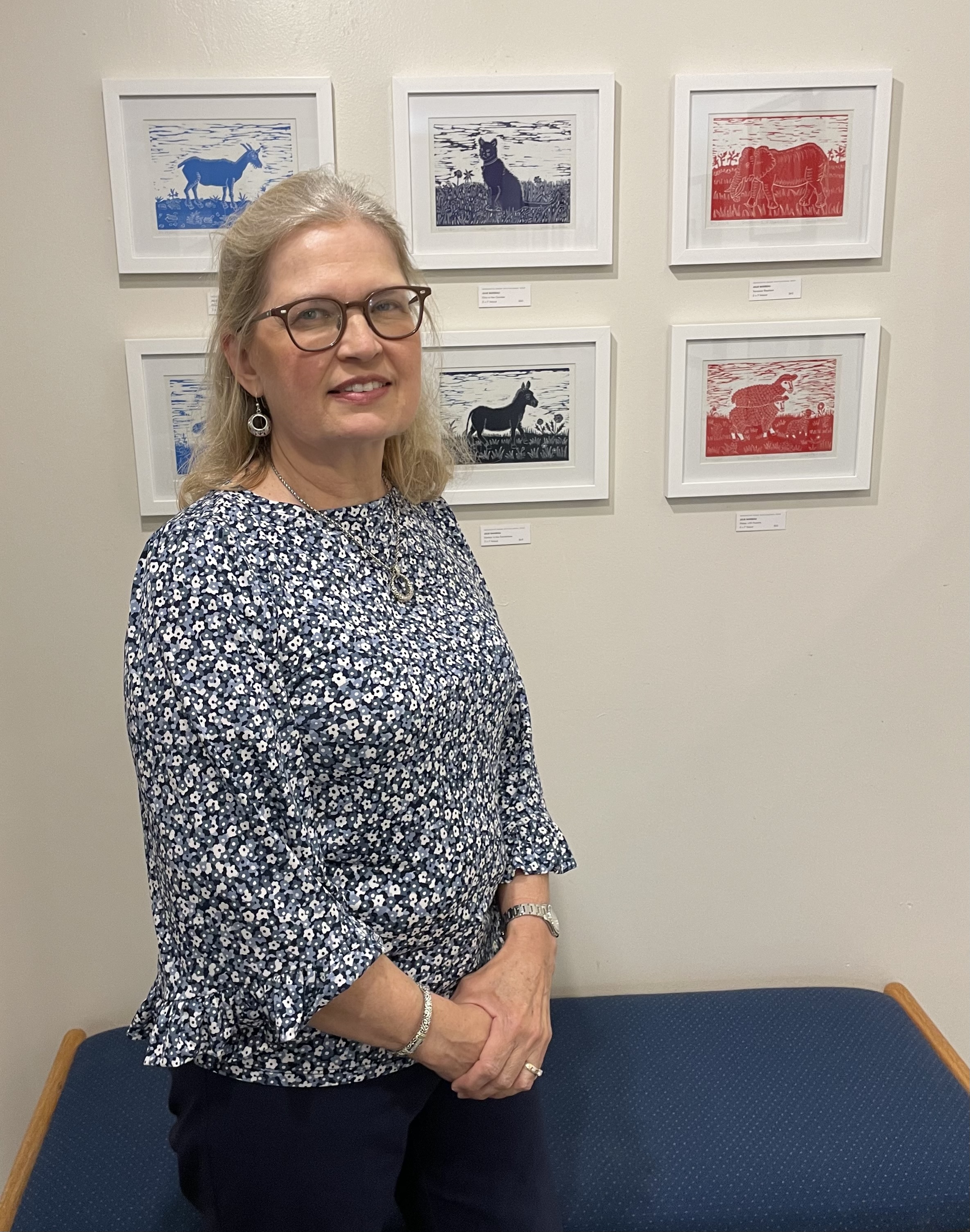 Julie Barbeau with animal linocut prints