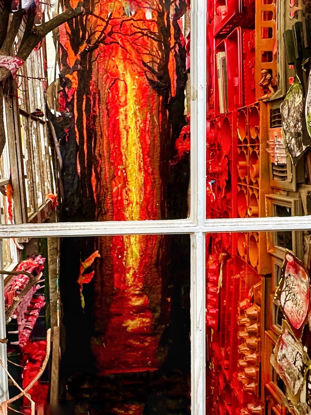 A fiber forest fire seen through a old window