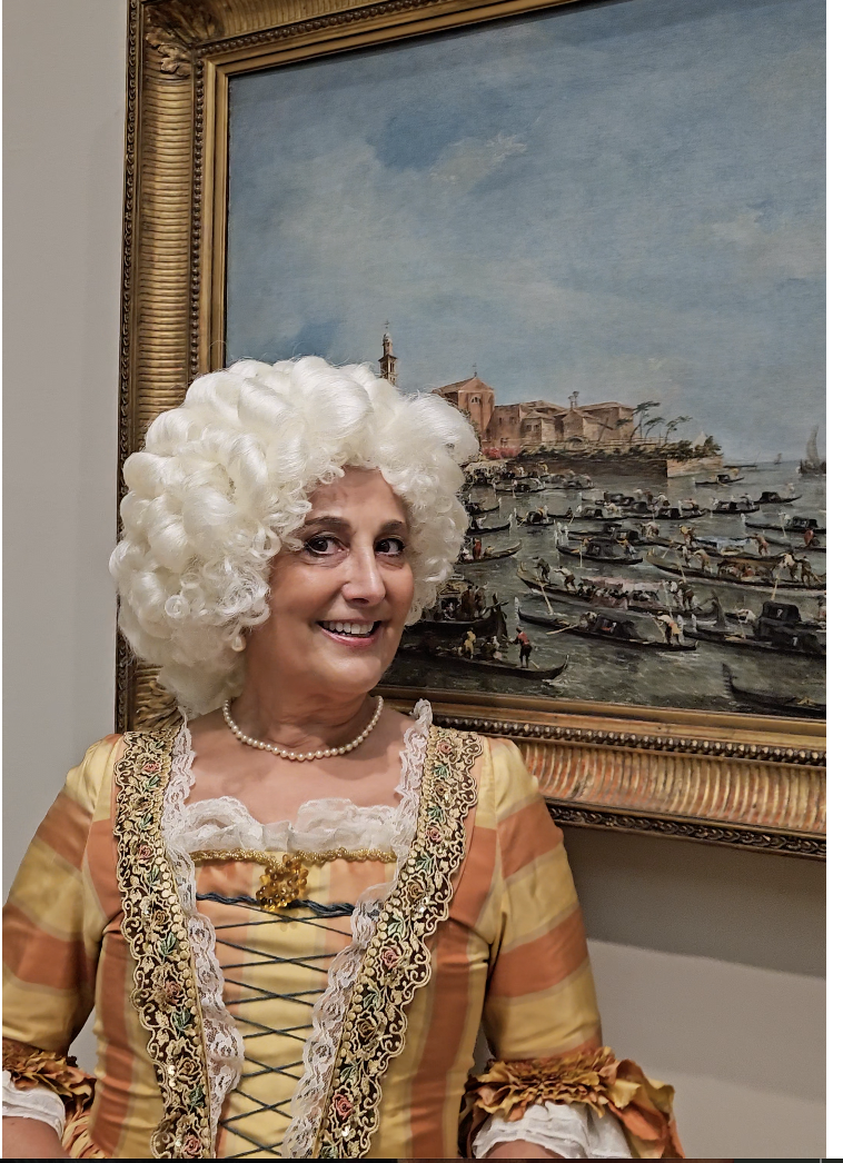 Michela in Rococo Venitian dress at Philadelphia Art Museum, in front of a Francesco Guardi painting