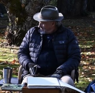 Rick Woods, Hoquiam, Washington artist working on a plein air watercolor painting